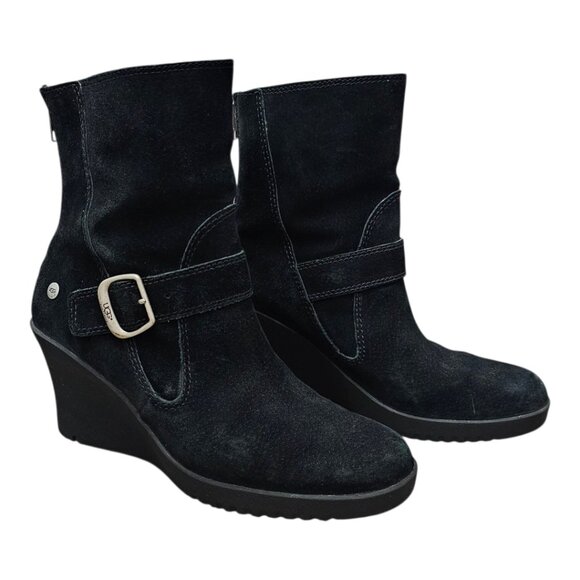UGG Gissella Womens Suede Sheepskin Shearling Wedge Zip Black Ankle Boots 5593 - Picture 3 of 14